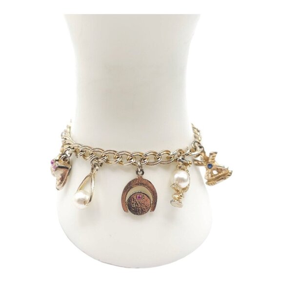 Multi Charm Shoe Heart Pearl Chain Bracelet Foldover Closure Gold Tone Vintage - Picture 1 of 6